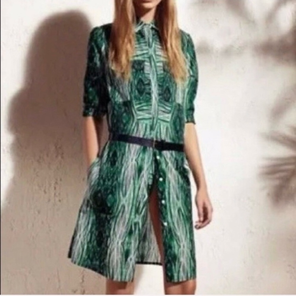 Tropical Green Shirt Dressβ Sz XS Derek Lam Wood Grain Designer Cotton READ
